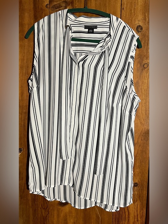 Metaphor Tops - Metaphor Black and White Vertical Stripe Tie-Neck Sleeveless Blouse